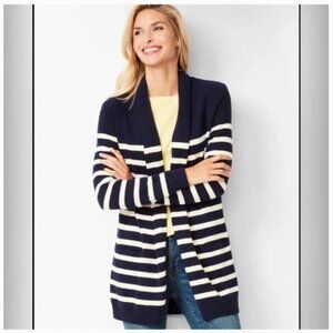 Talbots Navy Blue & White Striped Cotton Blend Open-Front Sweater Cardigan Sz L